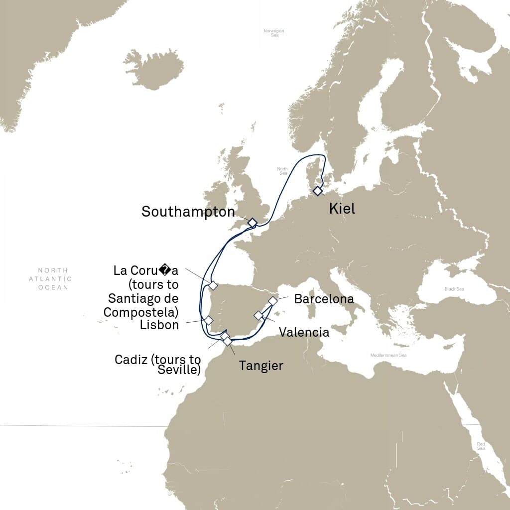 17 nights Mediterranean cruise on Queen Victoria 
from 🇬🇧 Southampton to 🇩🇪 Kiel 