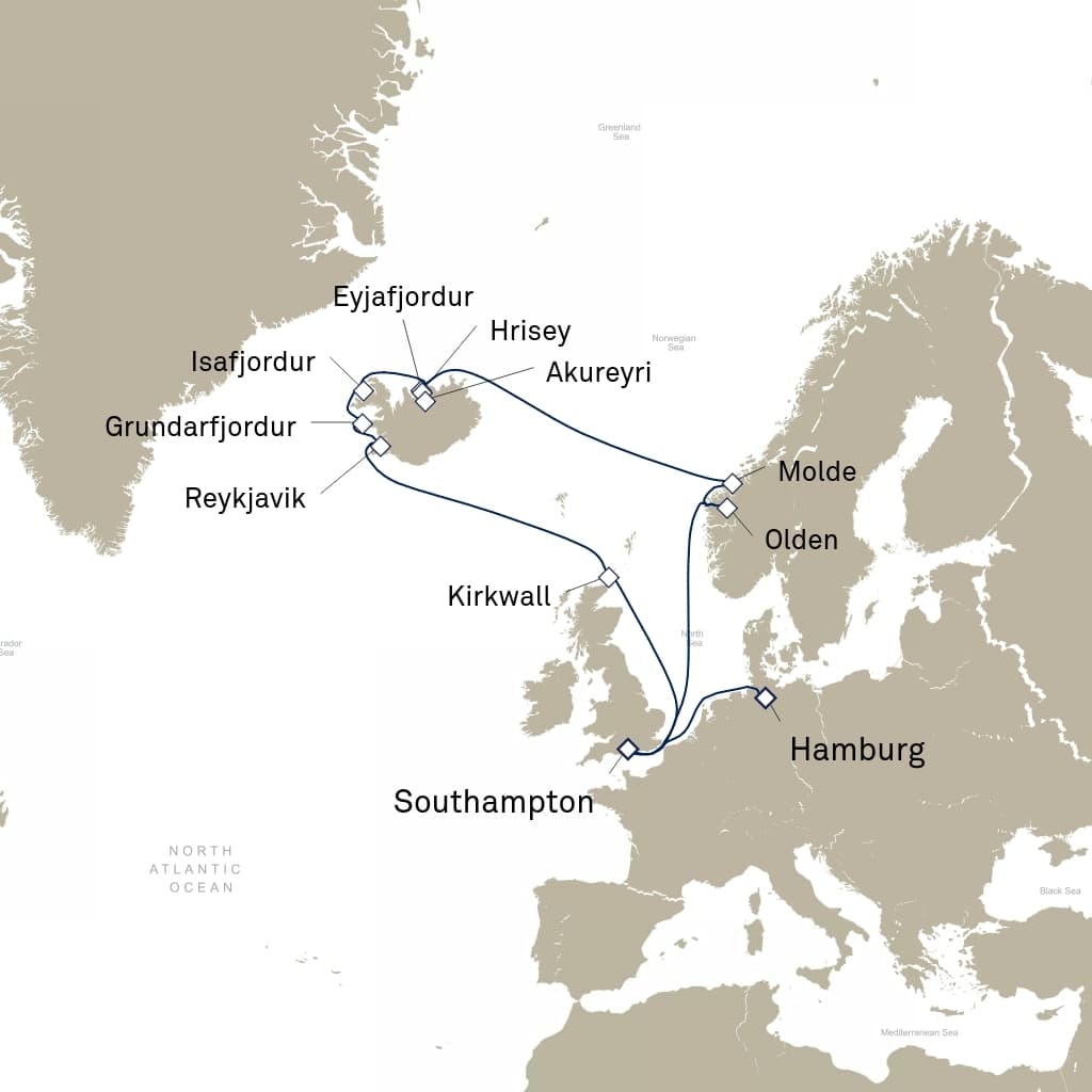 18 nights North European cruise on Queen Victoria 
from 🇩🇪 Hamburg to 🇬🇧 Southampton 