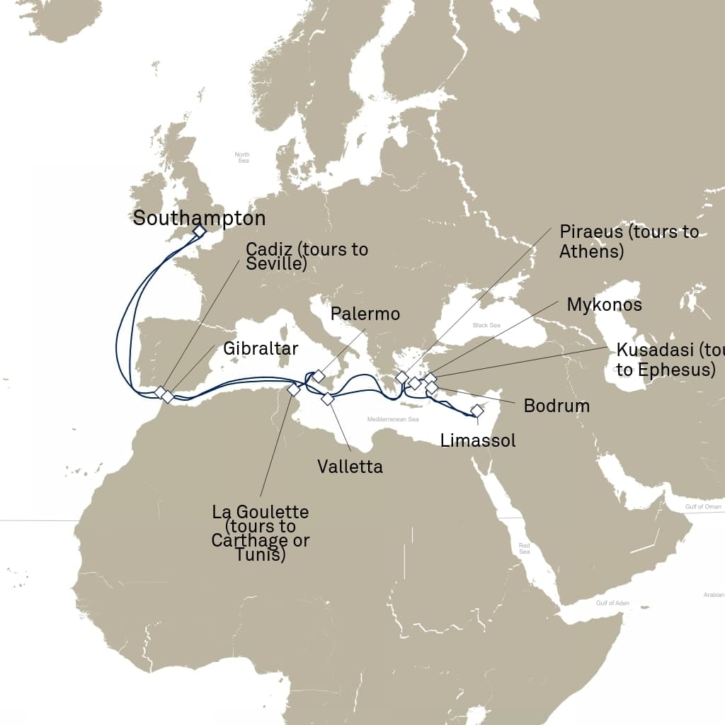 23 nights Mediterranean cruise on Queen Victoria 
from 🇬🇧 Southampton 