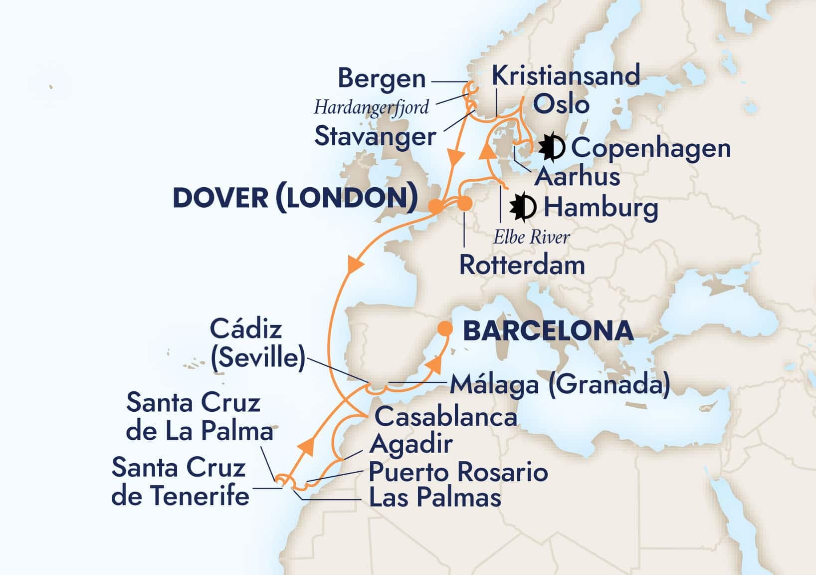 30 nights Mediterranean cruise on Nieuw Statendam 
from Dover (London), England, UK to 🇪🇸 Barcelona 
