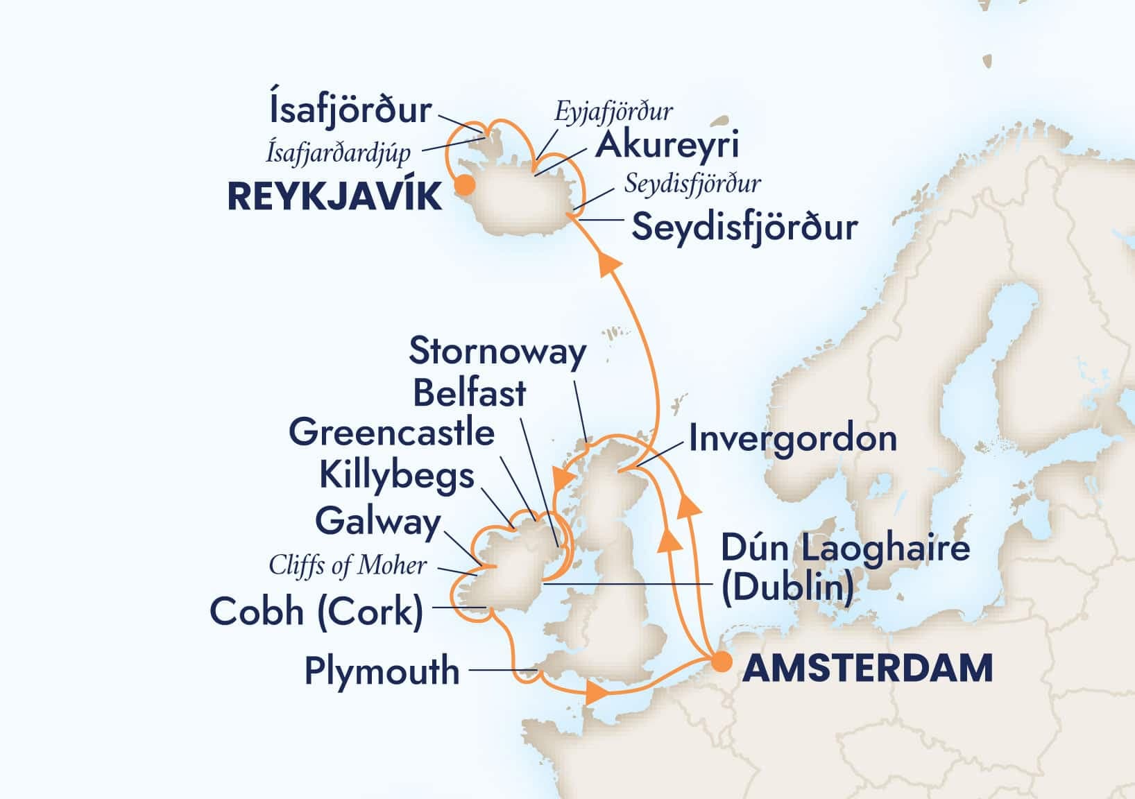 18 nights North European cruise on Zuiderdam 
from 🇳🇱 Amsterdam to 🇮🇸 Reykjavík 