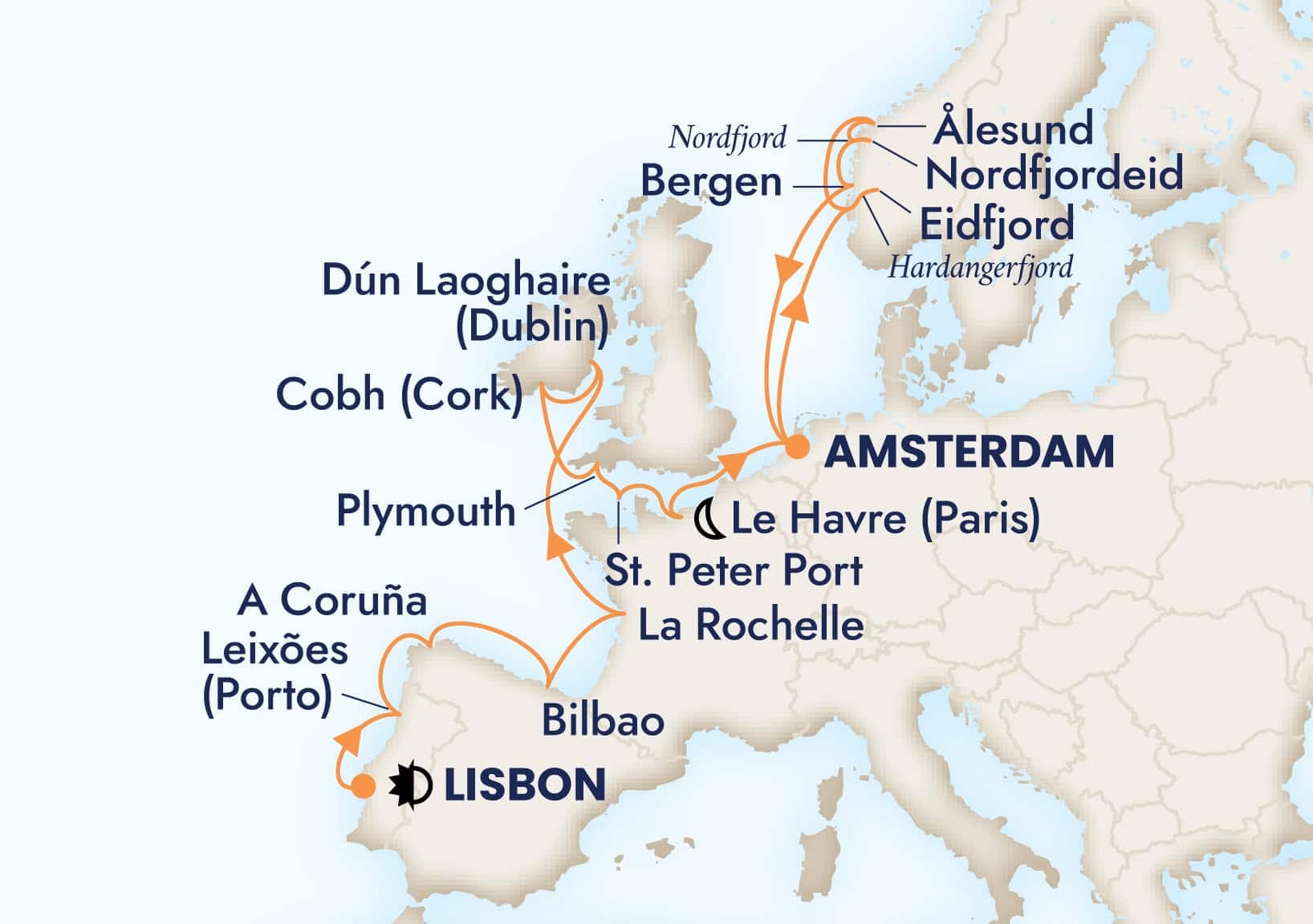 20 nights North European cruise on Zuiderdam 
from 🇵🇹 Lisbon to 🇳🇱 Amsterdam 