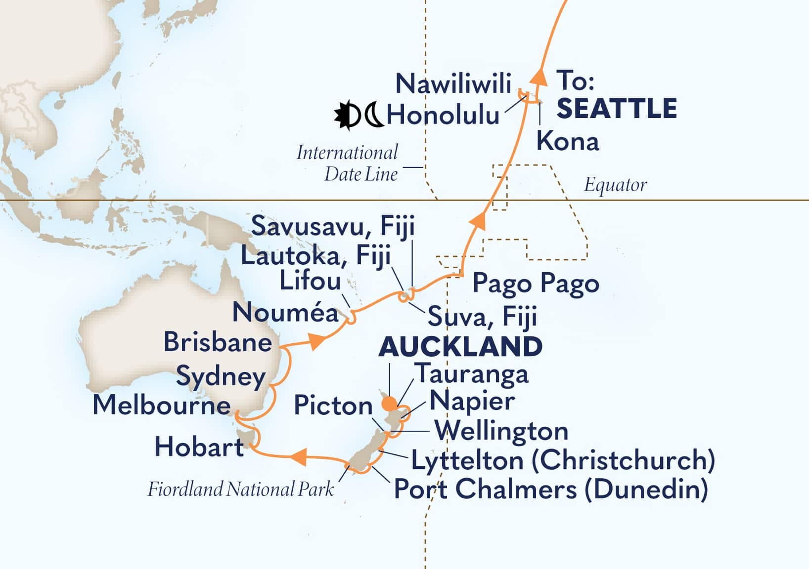 43 nights Australian cruise on Noordam 
from 🇳🇿 Auckland to 🇺🇸 Seattle 