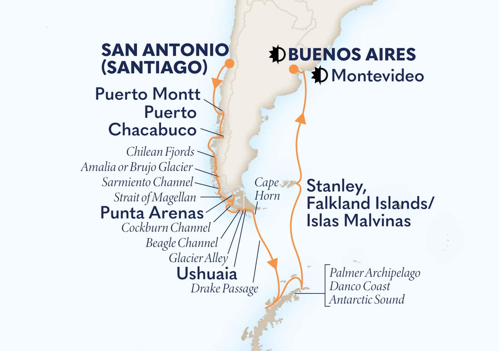 22 nights South American cruise on Oosterdam 
from San Antonio (Santiago), Chile to 🇦🇷 Buenos Aires 