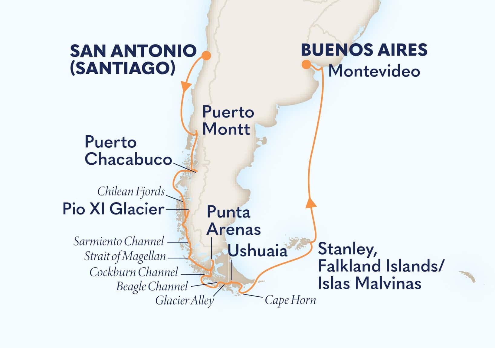 14 nights South American cruise on Oosterdam
from San Antonio (Santiago), Chile to ๐ฆ๐ท Buenos Aires