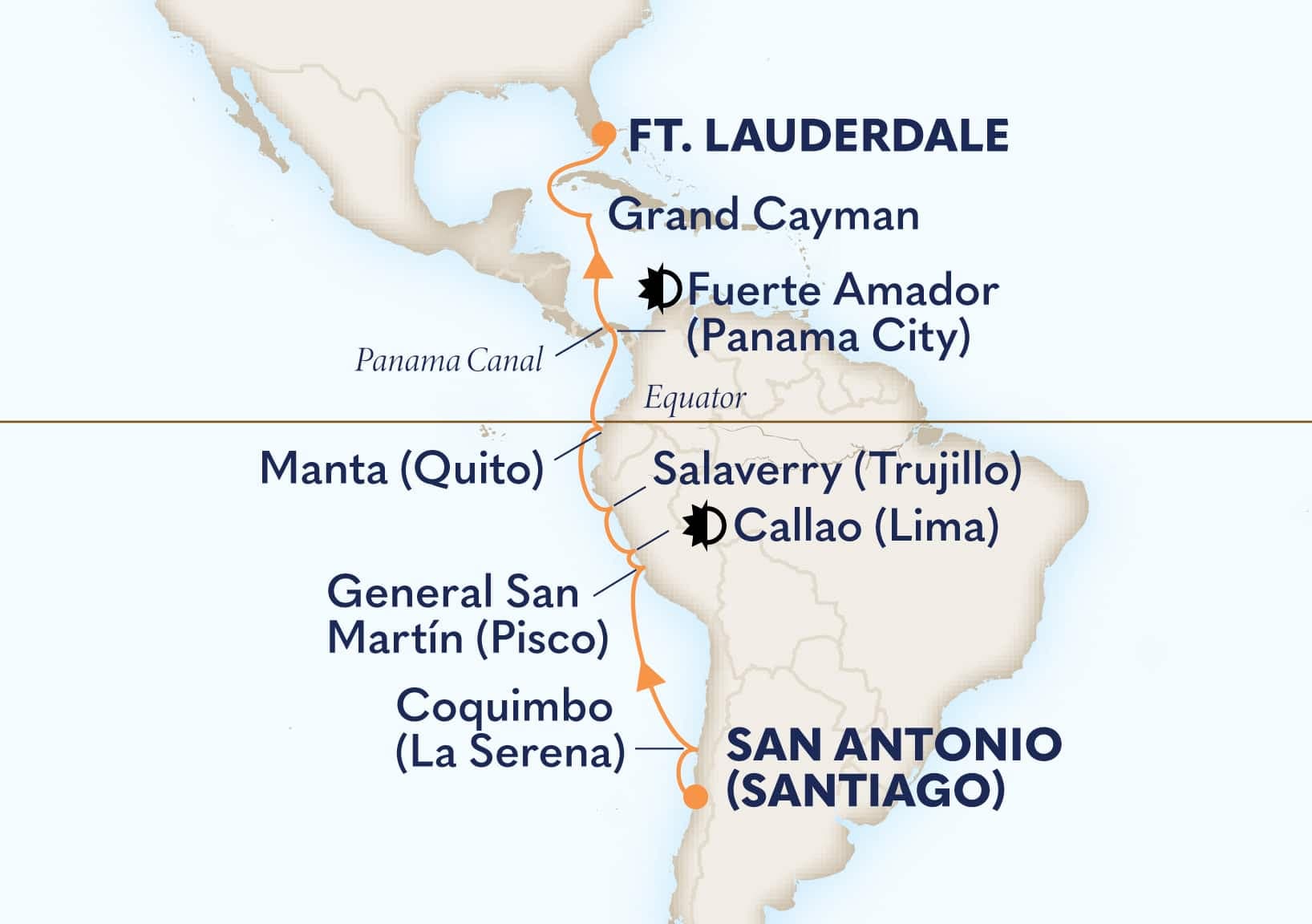 16 nights South American cruise on Oosterdam 
from San Antonio (Santiago), Chile to 🇺🇸 Fort Lauderdale 