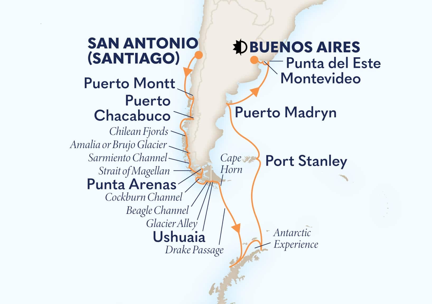 22 nights South American cruise on Nieuw Amsterdam 
from San Antonio (Santiago), Chile to 🇦🇷 Buenos Aires 