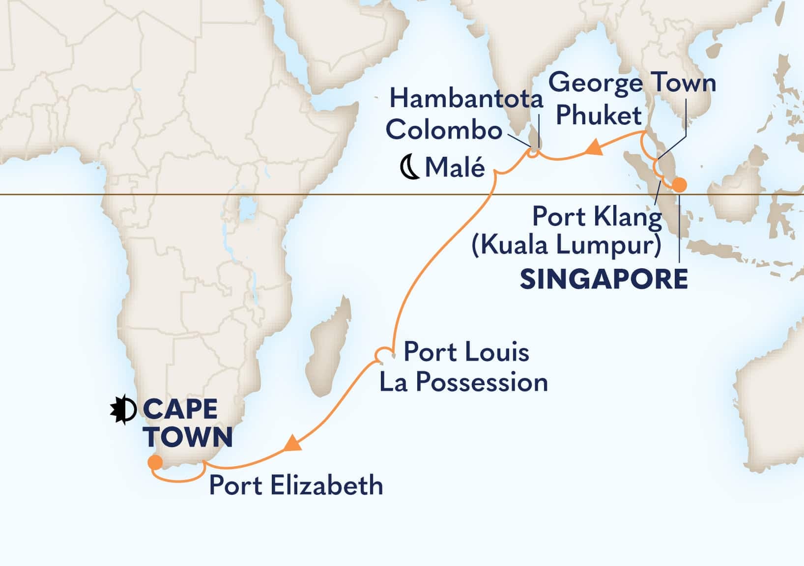 22 nights Extraordinary cruise on Volendam 
from 🇸🇬 Singapore to 🇿🇦 Cape Town 