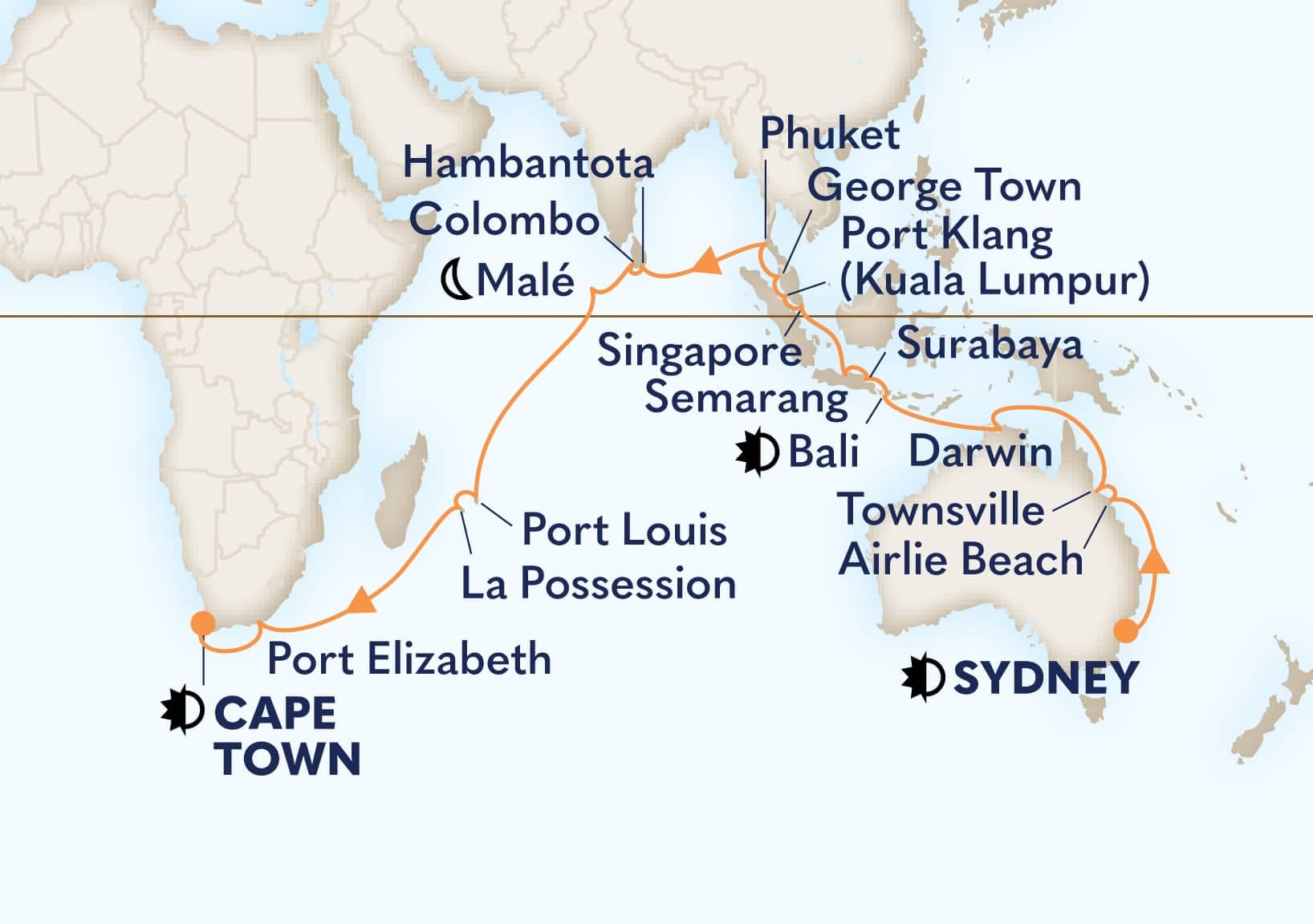 40 nights Extraordinary cruise on Volendam 
from 🇦🇺 Sydney to 🇿🇦 Cape Town 