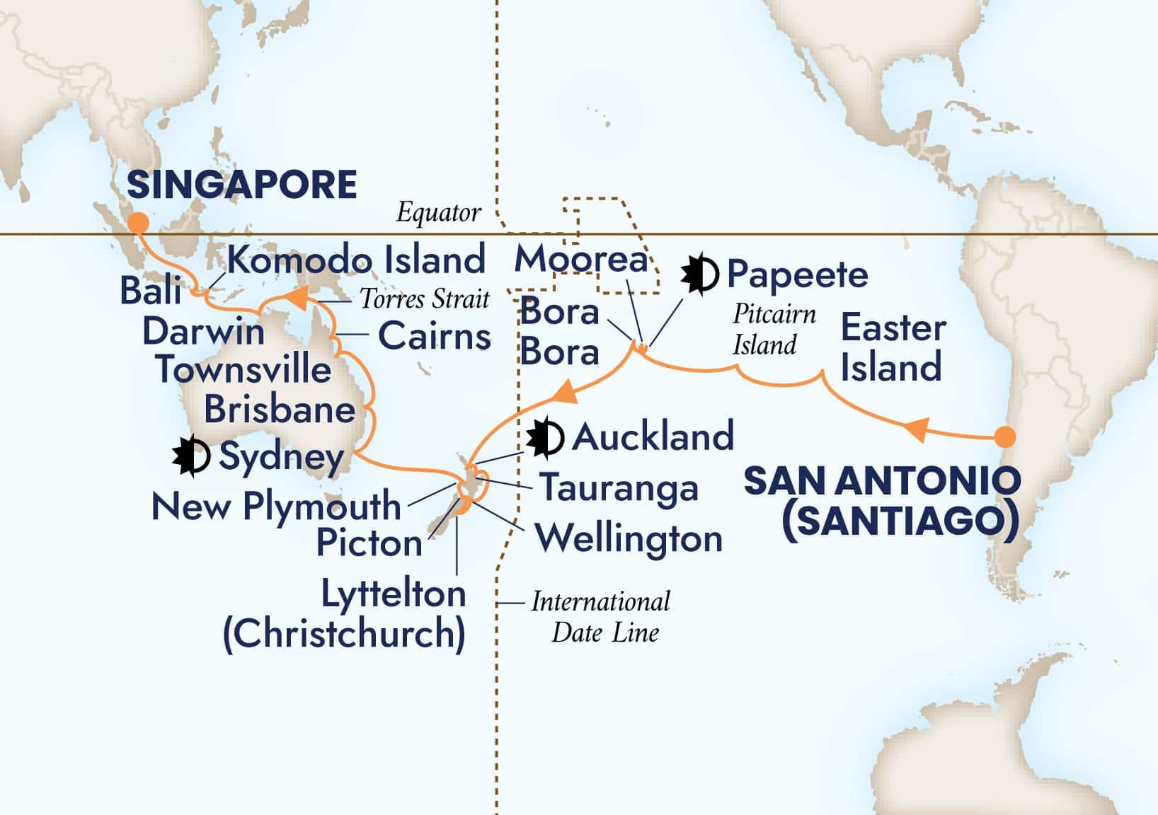46 nights Extraordinary cruise on Volendam 
from 🇨🇱 San Antonio to 🇸🇬 Singapore 