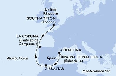 7 nights cruise on MSC Virtuosa 
from 🇪🇸 Palma de Mallorca to 🇬🇧 Southampton 