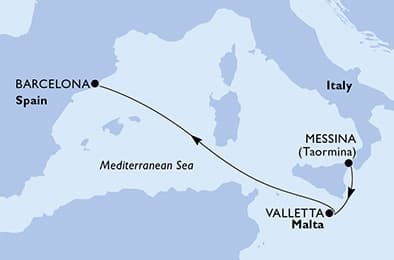 3 nights cruise on MSC World Europa 
from 🇮🇹 Messina to 🇪🇸 Barcelona 