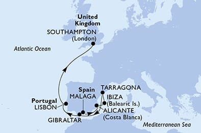 9 nights cruise on MSC Virtuosa 
from 🇪🇸 Málaga to 🇬🇧 Southampton 