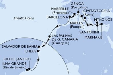 24 nights cruise on MSC Divina 
from 🇮🇹 Civitavecchia to 🇧🇷 Rio de Janeiro 