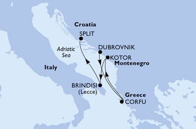 4 nights cruise on MSC Armonia 
from 🇭🇷 Dubrovnik to 🇭🇷 Split 