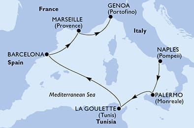 6 nights Mediterranean cruise on MSC Euribia 
from 🇮🇹 Naples to 🇮🇹 Genova 