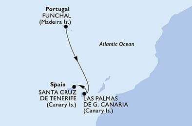 2 nights cruise on MSC Virtuosa 
from 🇵🇹 Funchal to 🇪🇸 Santa Cruz de Tenerife 