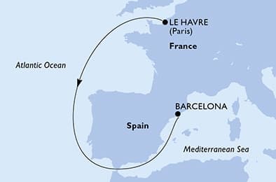 6 nights cruise on MSC World Asia 
from 🇫🇷 Le Havre to 🇪🇸 Barcelona 