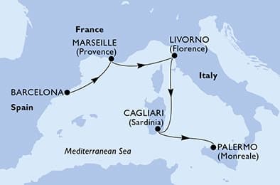 4 nights cruise on MSC Splendida 
from 🇪🇸 Barcelona to 🇮🇹 Palermo 