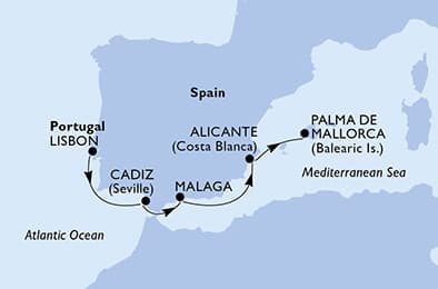 4 nights cruise on MSC Virtuosa 
from 🇵🇹 Lisbon to 🇪🇸 Palma de Mallorca 