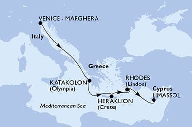 5 nights cruise on MSC Lirica
from 🇮🇹 Venice to 🇨🇾 Limassol