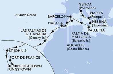 20 nights Transatlantic cruise on MSC World Asia 
from 🇮🇹 Genova to 🇲🇶 Fort-de-France 
