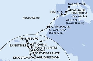 22 nights Transatlantic cruise on MSC World Asia
from 🇪🇸 Barcelona to 🇲🇶 Fort-de-France