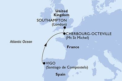 3 nights cruise on MSC Meraviglia
from 🇪🇸 Vigo to 🇬🇧 Southampton
