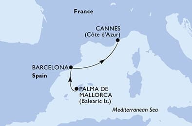 2 nights cruise on MSC Grandiosa 
from 🇪🇸 Palma de Mallorca to 🇫🇷 Cannes 
