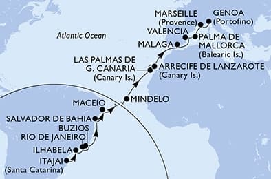 22 nights Transatlantic cruise on MSC Musica
from 🇧🇷 Itajaí to 🇮🇹 Genoa