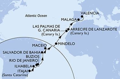 19 nights Transatlantic cruise on MSC Musica
from 🇧🇷 Itajaí to 🇪🇸 Valencia