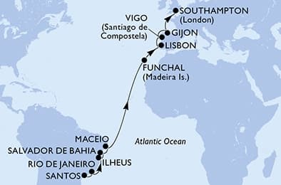 19 nights Transatlantic cruise on MSC Meraviglia 
from 🇧🇷 Santos (São Paulo) to 🇬🇧 Southampton 