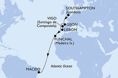 14 nights Transatlantic cruise on MSC Meraviglia 
from 🇬🇧 Southampton to 🇧🇷 Maceio 
