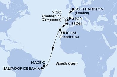 15 nights Transatlantic cruise on MSC Meraviglia 
from 🇬🇧 Southampton to 🇧🇷 Salvador 
