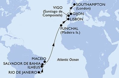18 nights Transatlantic cruise on MSC Meraviglia 
from 🇧🇷 Rio de Janeiro to 🇬🇧 Southampton 