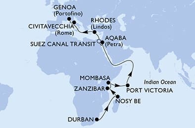 26 nights Transatlantic cruise on MSC Sinfonia 
from 🇿🇦 Durban to 🇮🇹 Genoa 