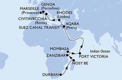 27 nights Transatlantic cruise on MSC Sinfonia 
from 🇿🇦 Durban to 🇫🇷 Marseille 