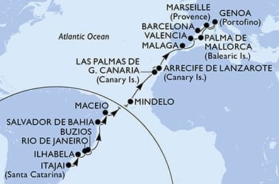 24 nights Transatlantic cruise on MSC Musica 
from 🇧🇷 Itajaí to 🇪🇸 Barcelona 