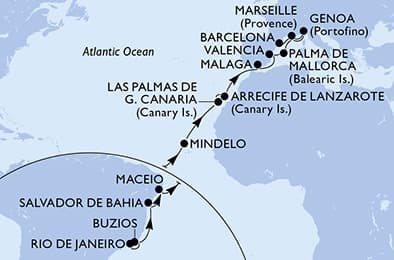 22 nights Transatlantic cruise on MSC Musica
from 🇧🇷 Rio de Janeiro to 🇪🇸 Barcelona