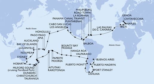 100 nights Extraordinary cruise on MSC Magnifica 
from 🇦🇷 Buenos Aires to 🇮🇹 Genoa 