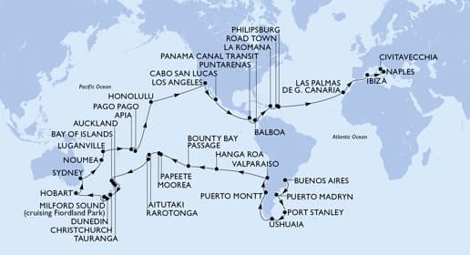 99 nights Extraordinary cruise on MSC Magnifica 
from 🇦🇷 Buenos Aires to 🇮🇹 Civitavecchia 
