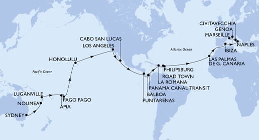 52 nights Extraordinary cruise on MSC Magnifica 
from 🇦🇺 Sydney to 🇫🇷 Marseille 