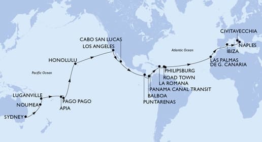 50 nights Extraordinary cruise on MSC Magnifica 
from 🇦🇺 Sydney to 🇮🇹 Civitavecchia 