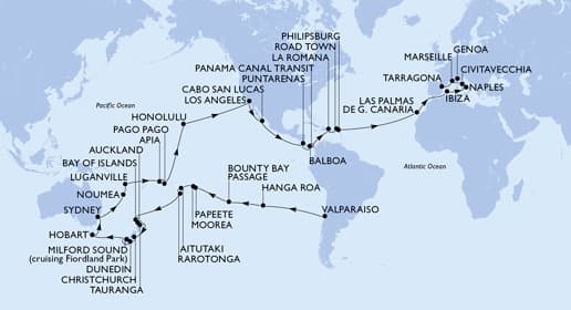87 nights Extraordinary cruise on MSC Magnifica 
from 🇨🇱 Valparaíso to 🇳🇿 Tauranga 