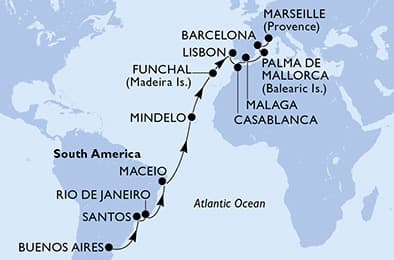 25 nights Transatlantic cruise on MSC Seaview 
from 🇦🇷 Buenos Aires to 🇫🇷 Marseille 
