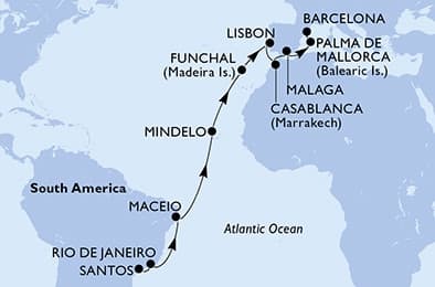 21 nights Transatlantic cruise on MSC Seaview 
from 🇧🇷 Santos (São Paulo) to 🇪🇸 Barcelona 