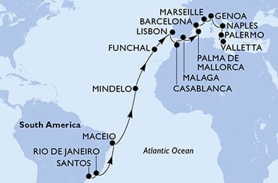 26 nights Transatlantic cruise on MSC Seaview 
from 🇧🇷 Santos (São Paulo) to 🇲🇹 Valletta 
