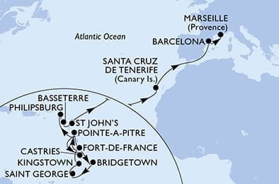 22 nights Transatlantic cruise on MSC World Europa 
from 🇲🇶 Fort-de-France to 🇫🇷 Marseille 