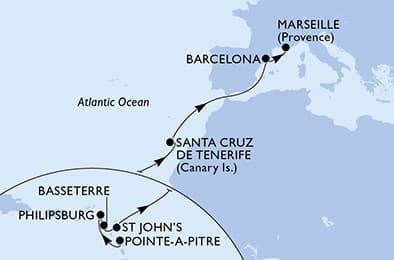 14 nights Transatlantic cruise on MSC World Europa 
from 🇬🇵 Pointe-à-Pitre to 🇫🇷 Marseille 