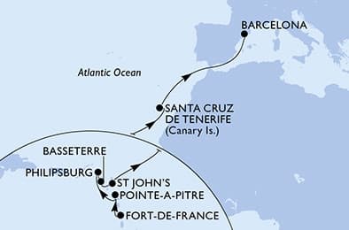 14 nights Transatlantic cruise on MSC World Europa 
from 🇲🇶 Fort-de-France to 🇪🇸 Barcelona 